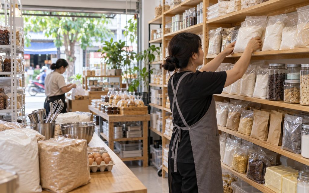 Người bán sắp xếp nguyên liệu trên kệ cửa hàng